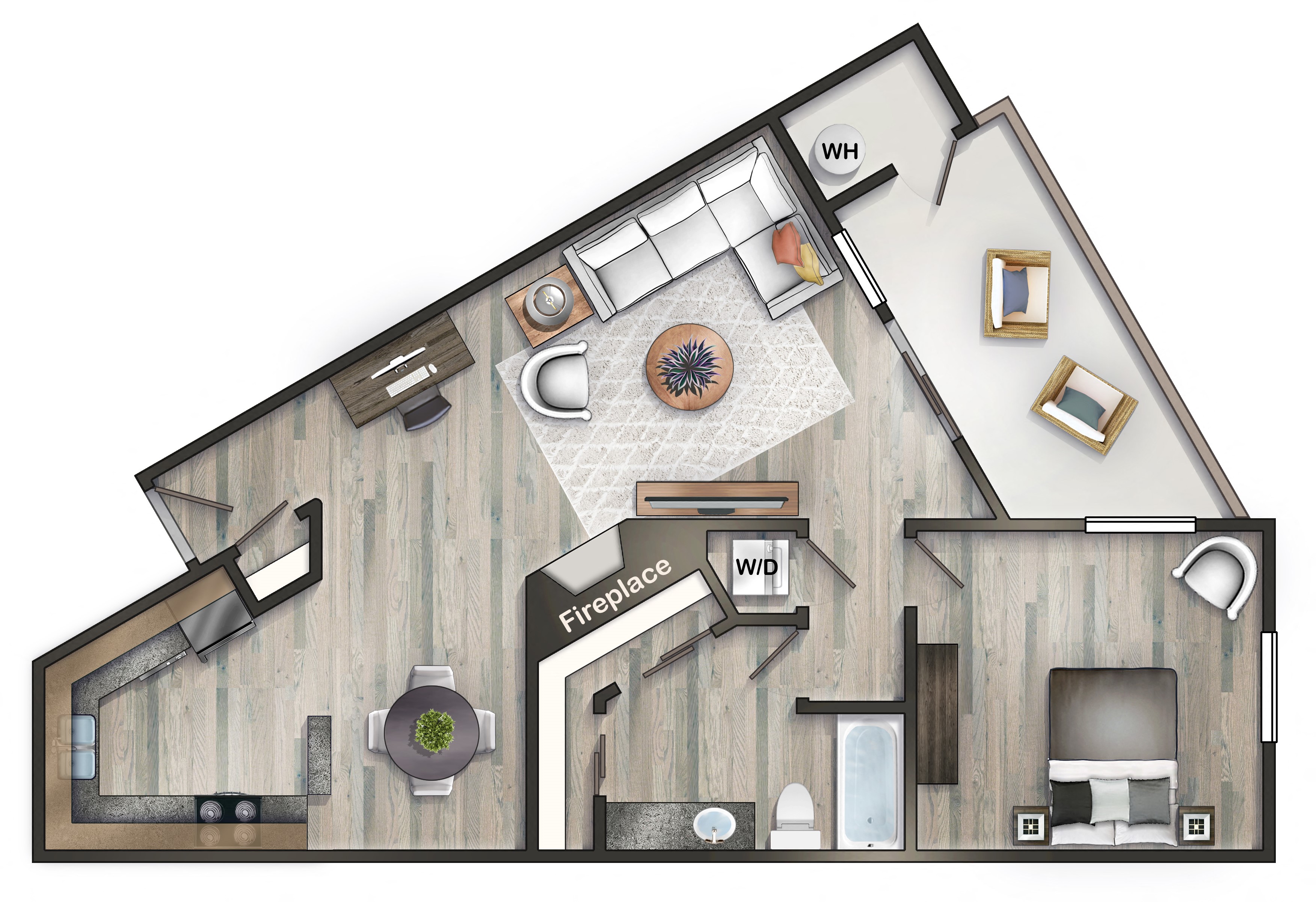 Floor plan for 1 bed, 1 bath, 800 sqft